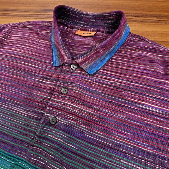 Missoni Polo Shirt Mens XXL Short Sleeve Multicolor Striped Cotton Textured - Picture 1 of 10